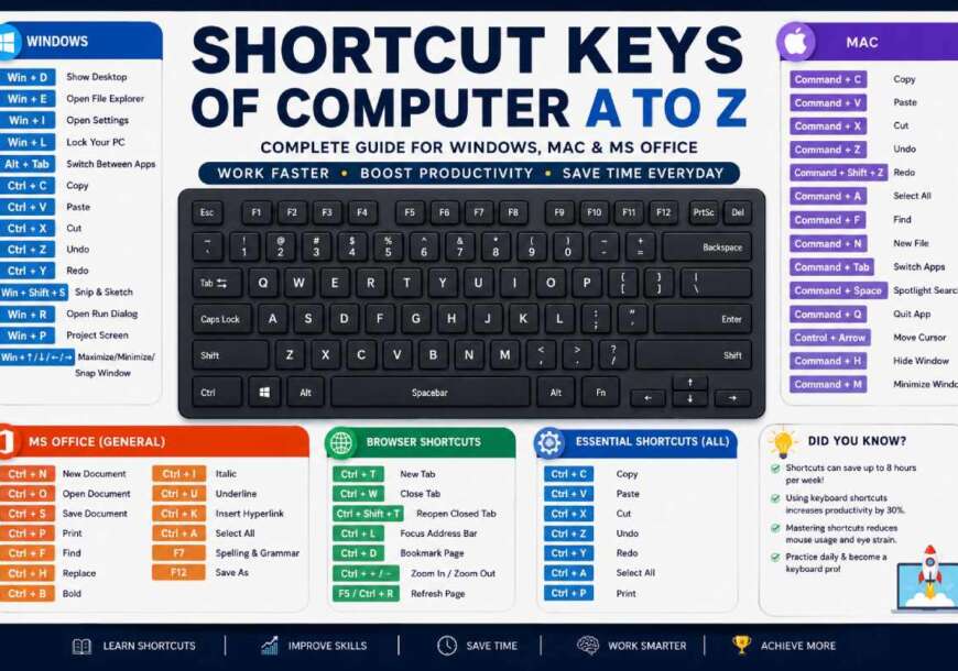 shortcut keys of computer a to z