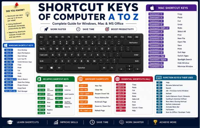 shortcut keys of computer a to z about