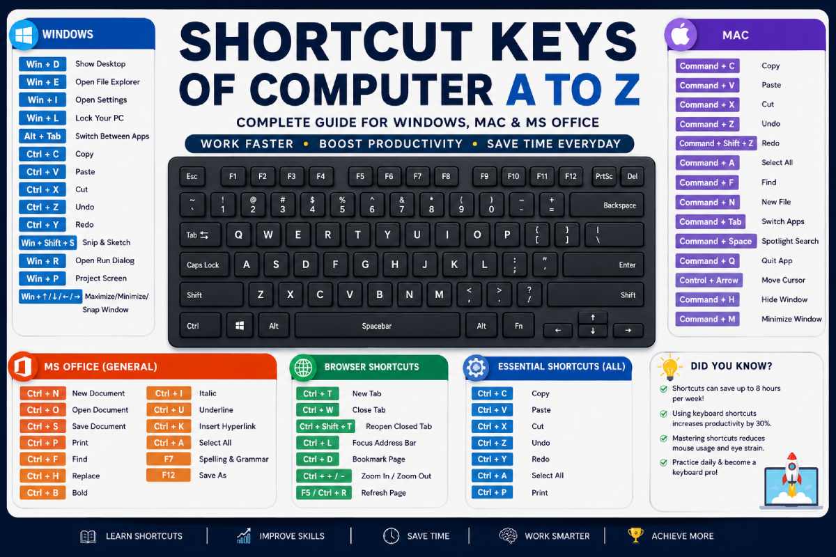 shortcut keys of computer a to z