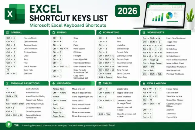 excel shortcut keys list