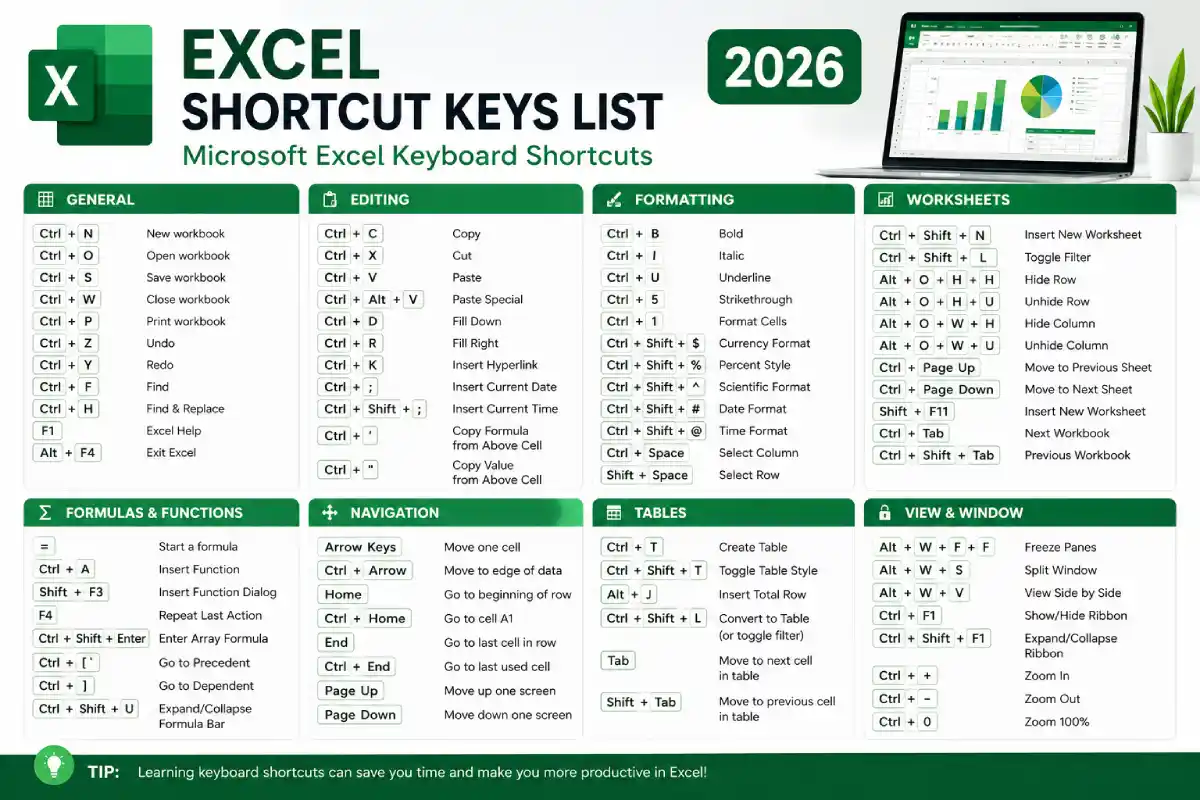 excel shortcut keys list